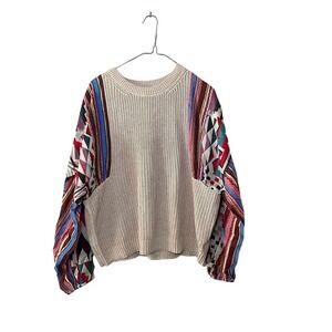 Fate Knitted Sweater Women's L Beige Pull Over Geometric Printed Ribbed Collar